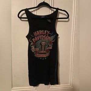Size M Harley-Davidson ladies tank. Black w/ blue stitching & brass rivets EUC